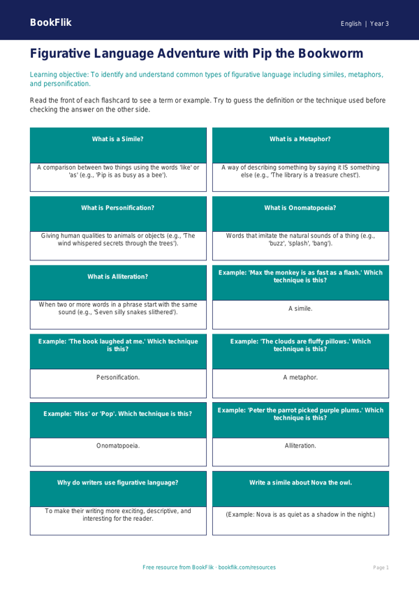 Free Figurative Language Flashcards | Year 3 | English | BookFlik worksheet preview — English Figurative Language