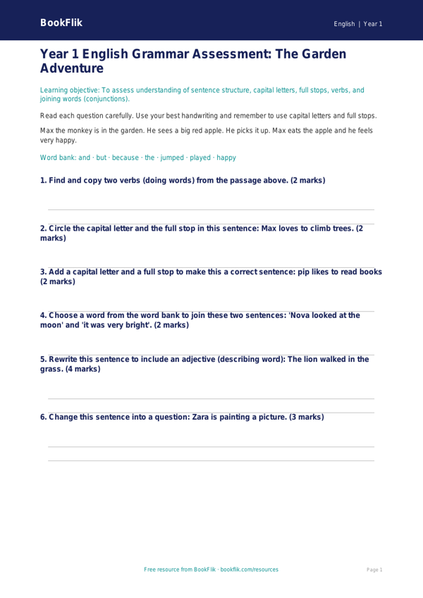 Free Grammar Assessment | Year 1 | English | BookFlik worksheet preview — English Grammar