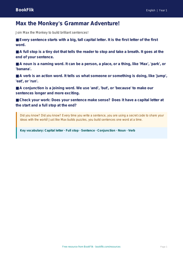 Free Grammar Poster | Year 1 | English | BookFlik worksheet preview — English Grammar
