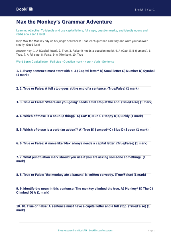 Free Grammar Quiz | Year 1 | English | BookFlik worksheet preview — English Grammar