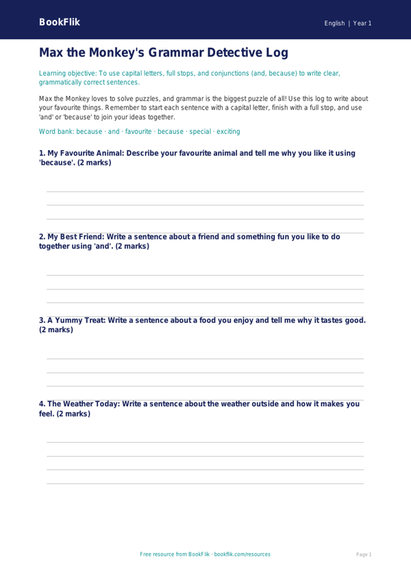 Free Grammar Template | Year 1 | English | BookFlik worksheet preview — English Grammar