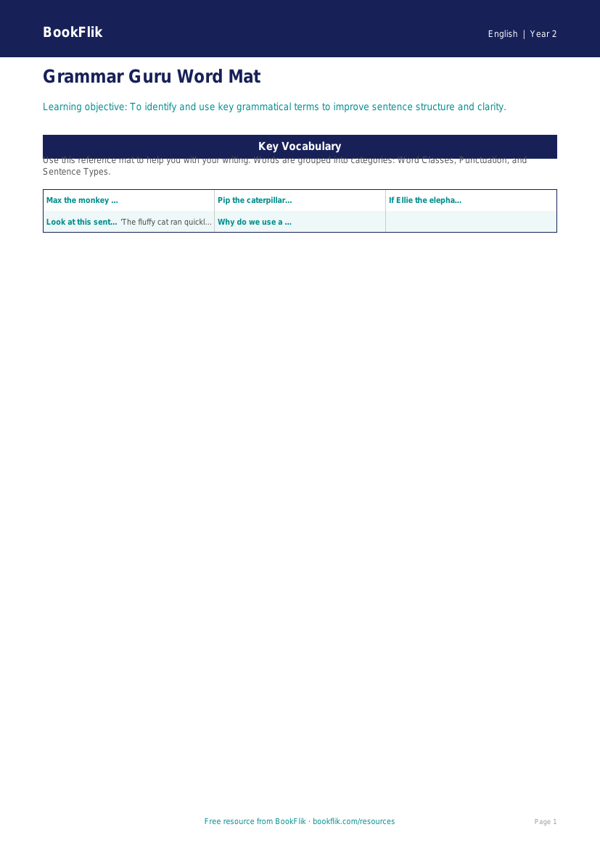 Free Grammar Word Mat | Year 2 | English | BookFlik worksheet preview — English Grammar
