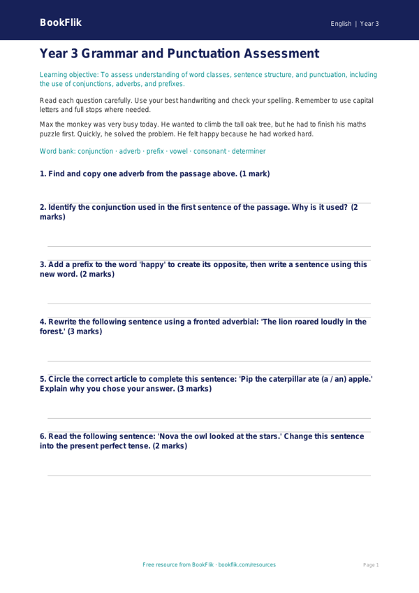 Free Grammar Assessment | Year 3 | English | BookFlik worksheet preview — English Grammar