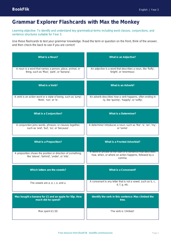 Free Grammar Flashcards | Year 3 | English | BookFlik worksheet preview — English Grammar