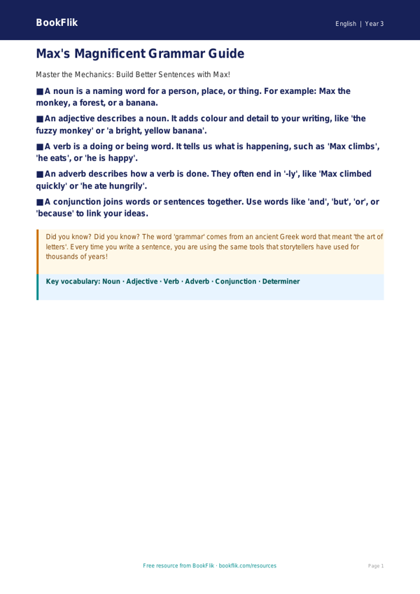 Free Grammar Poster | Year 3 | English | BookFlik worksheet preview — English Grammar