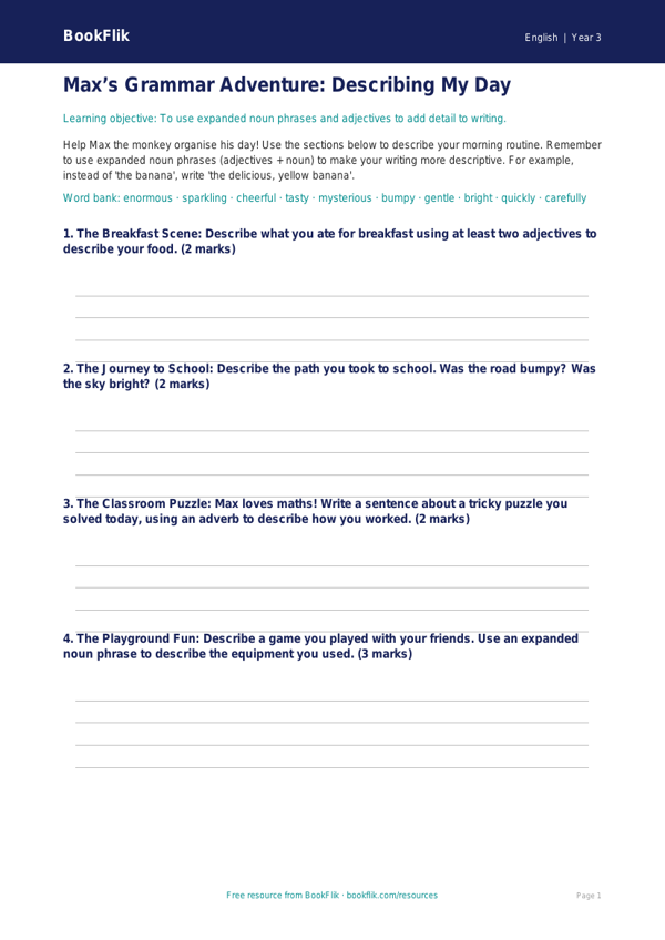 Year 3 Grammar Template: Free English Worksheet | BookFlik worksheet preview — English Grammar