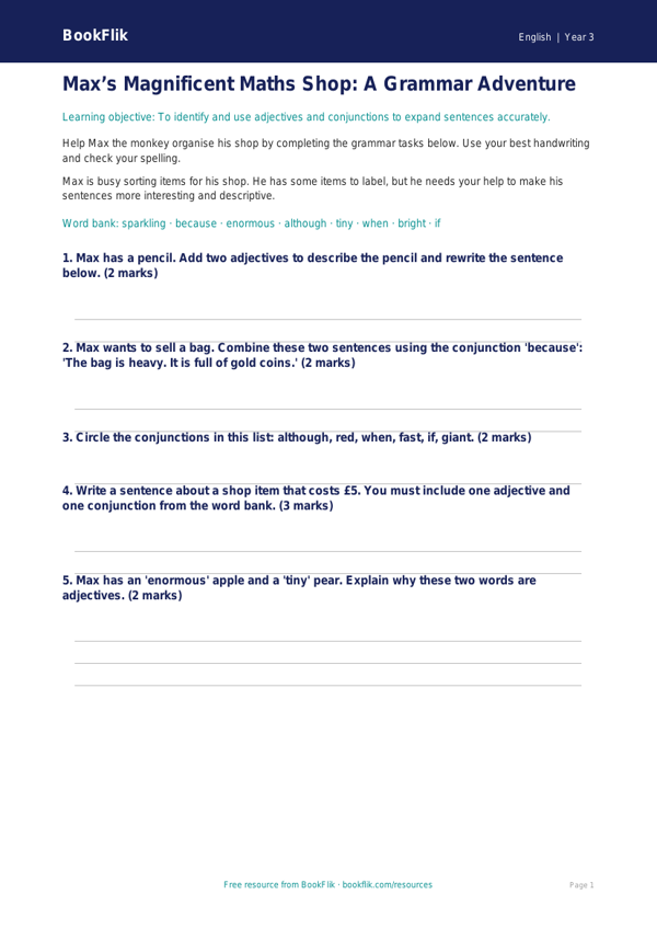 Free Grammar Worksheet | Year 3 | English | BookFlik worksheet preview — English Grammar