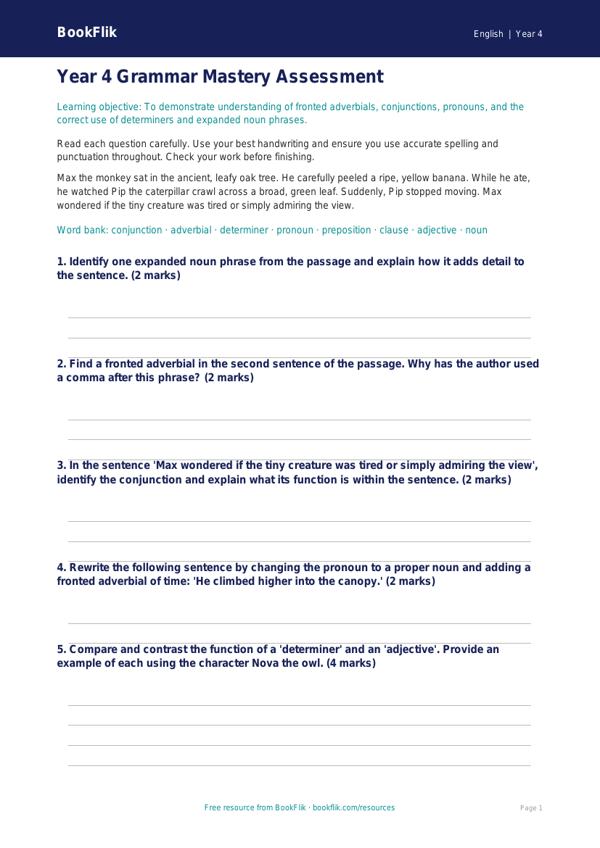 English grammar assessment year 4 greater depth worksheet preview — English Grammar
