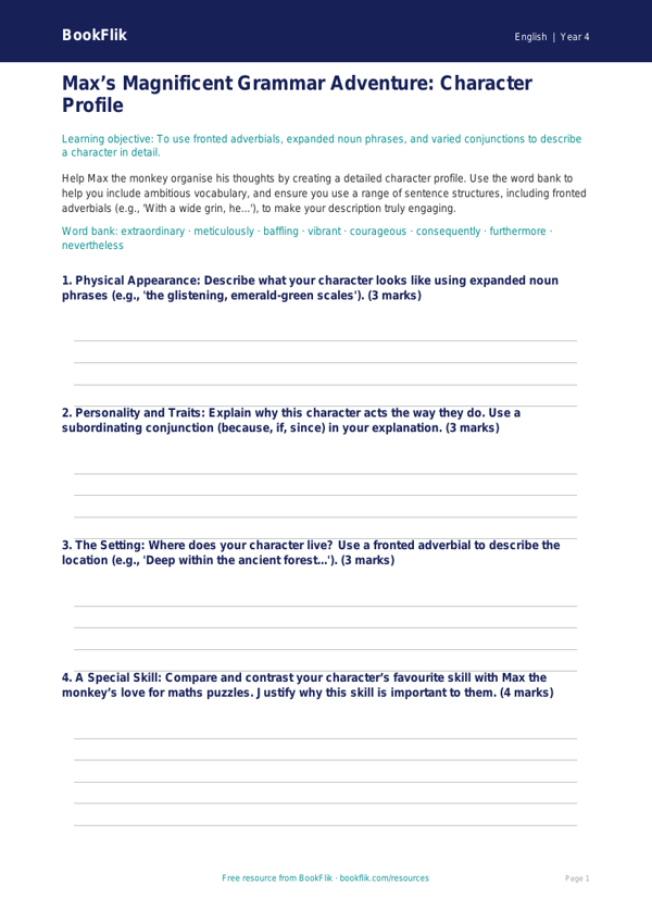 Free Grammar Template | Year 4 | English | BookFlik worksheet preview — English Grammar