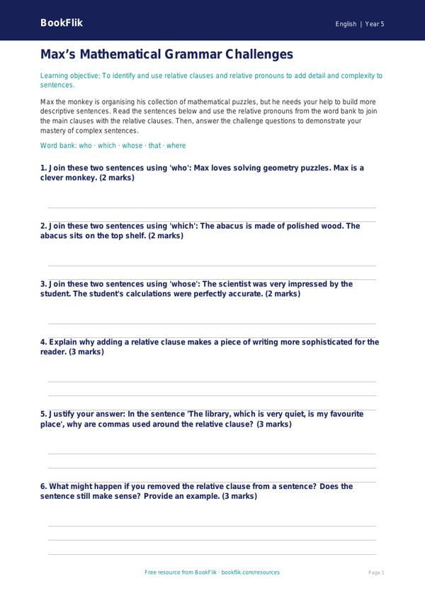 Free Grammar Activity Sheet | Year 5 | English | BookFlik worksheet preview — English Grammar
