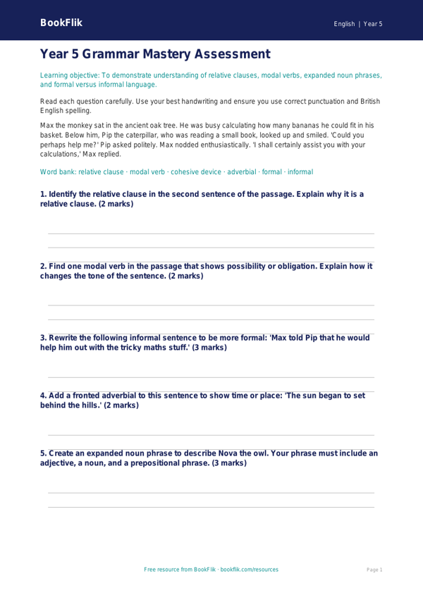Free Grammar Assessment | Year 5 | English | BookFlik worksheet preview — English Grammar