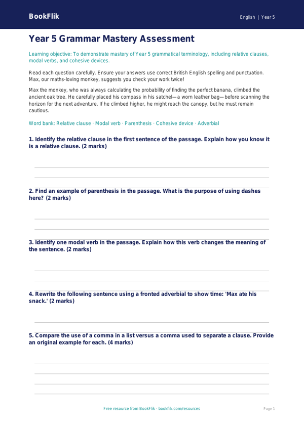 Year 5 Grammar Assessment: Advanced Language Skills | BookFlik worksheet preview — English Grammar