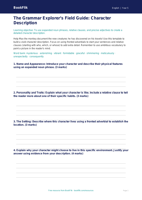 Year 5 Grammar Template: Advanced Sentence Structure | BookFlik worksheet preview — English Grammar