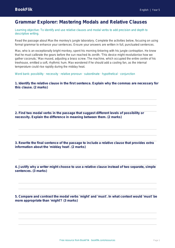 Free Grammar Track Sheet | Year 5 | English | BookFlik worksheet preview — English Grammar