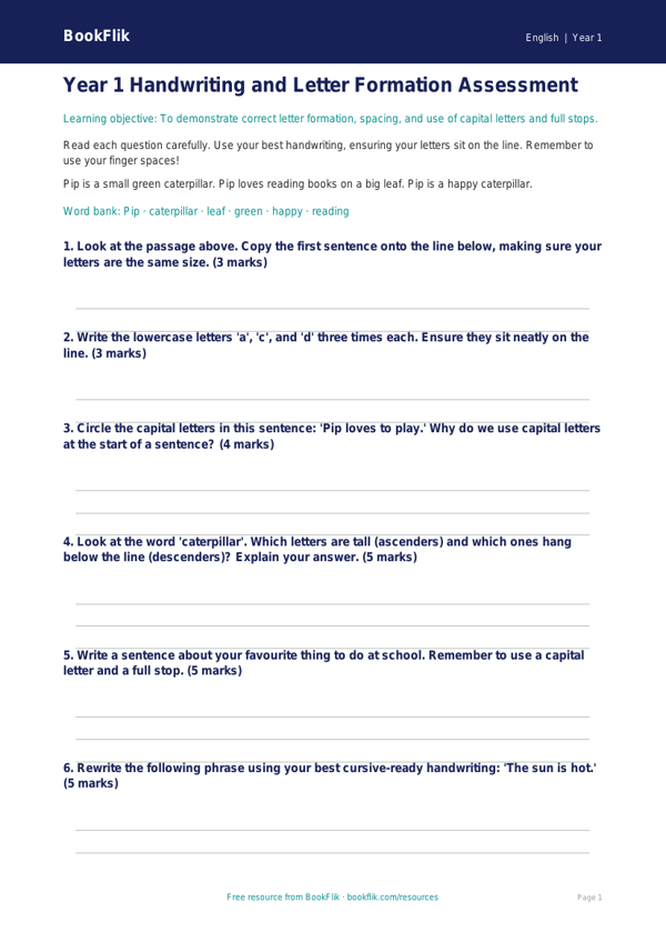 Free Handwriting Assessment | Year 1 | English | BookFlik worksheet preview — English Handwriting