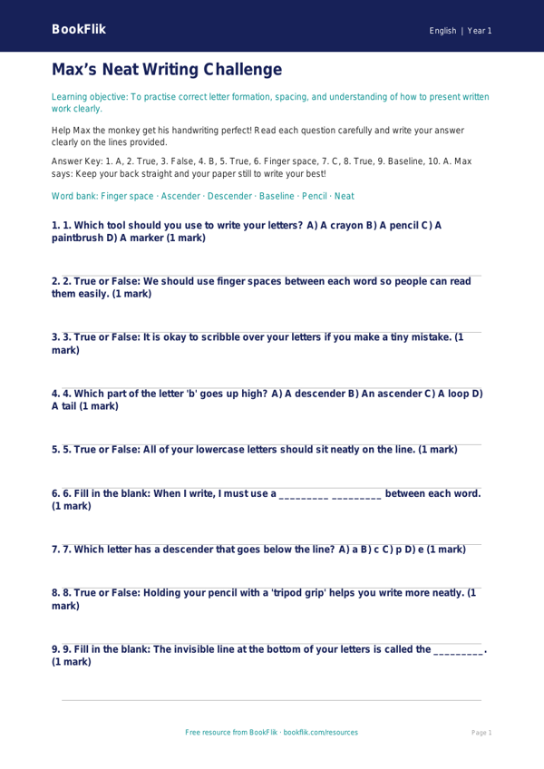 Free Handwriting Quiz | Year 1 | English | BookFlik worksheet preview — English Handwriting
