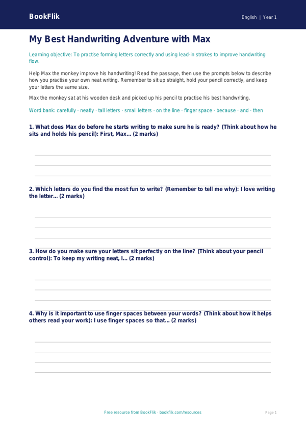 Free Handwriting Writing Frame | Year 1 | English | BookFlik worksheet preview — English Handwriting