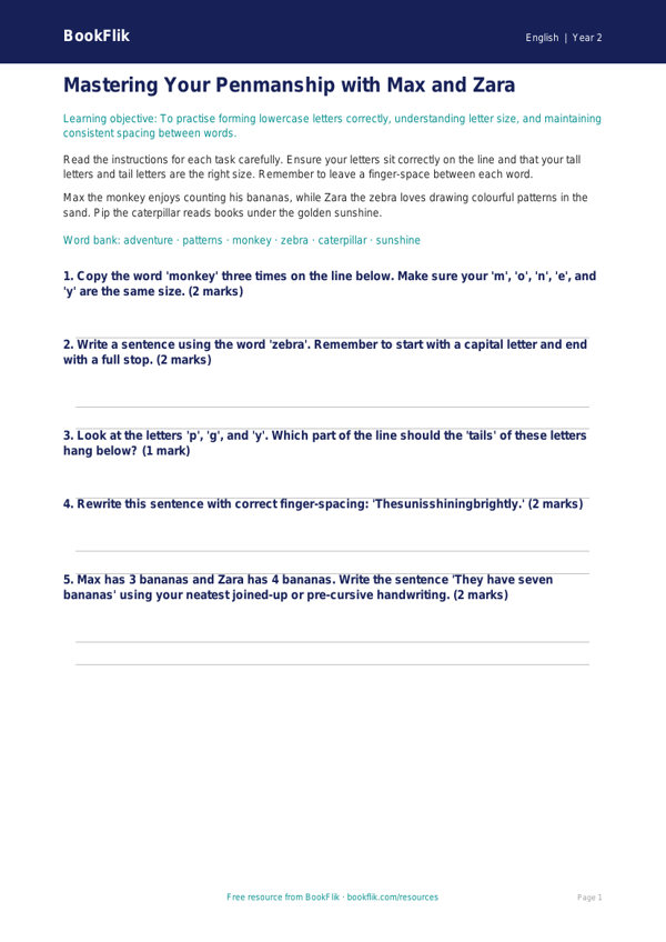 Free Handwriting Worksheet | Year 2 | English | BookFlik worksheet preview — English Handwriting