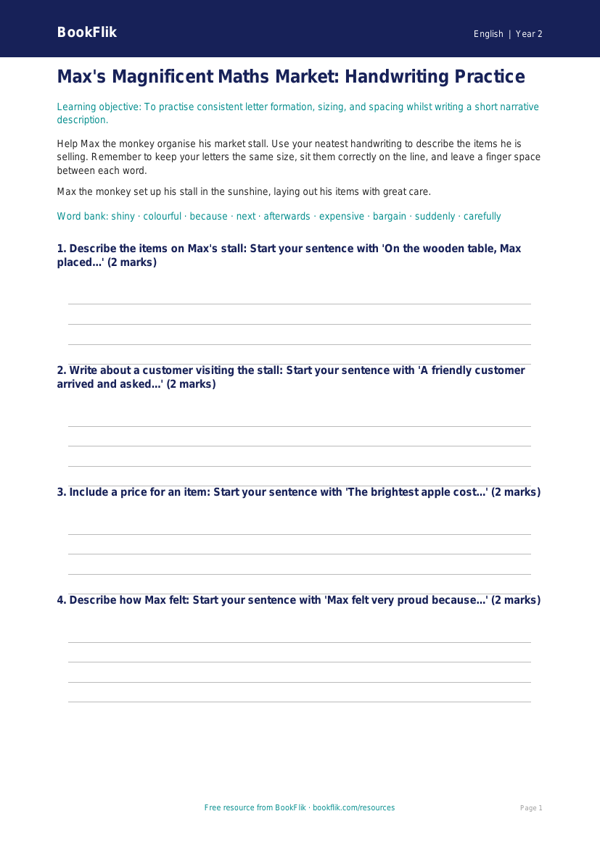 Free Handwriting Writing Frame | Year 2 | English | BookFlik worksheet preview — English Handwriting