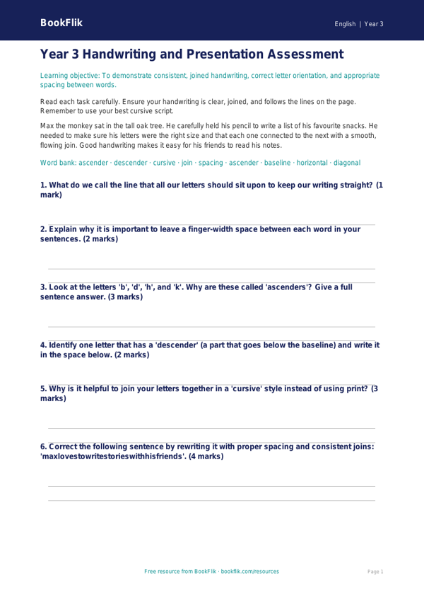 Year 3 Handwriting Assessment Worksheet | Australian Curriculum worksheet preview — English Handwriting