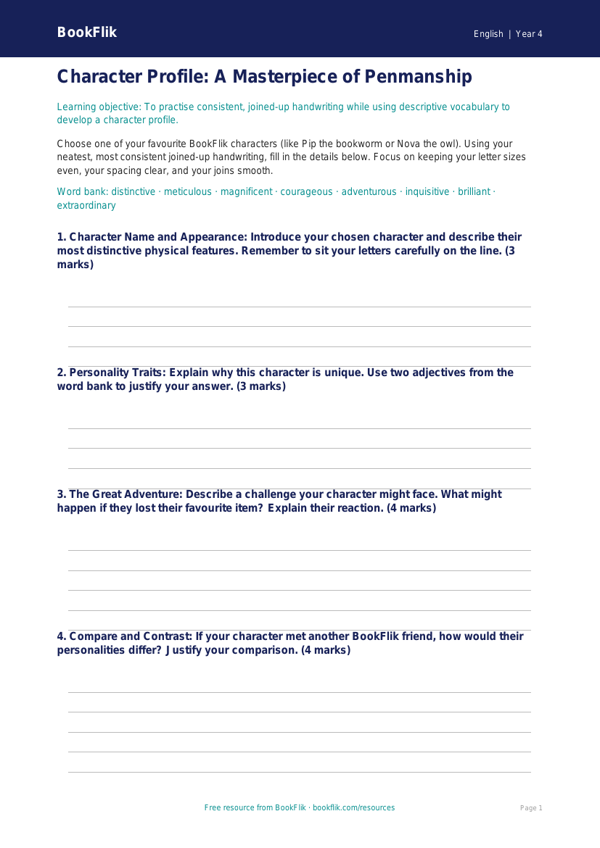 Free Handwriting Template | Year 4 | English | BookFlik worksheet preview — English Handwriting