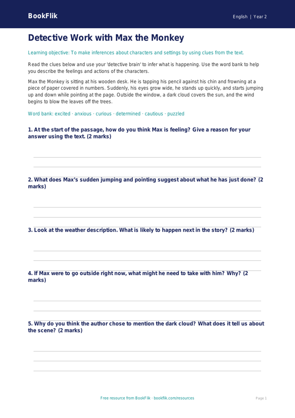 Free Inference Worksheet | Year 2 | English | BookFlik worksheet preview — English Inference