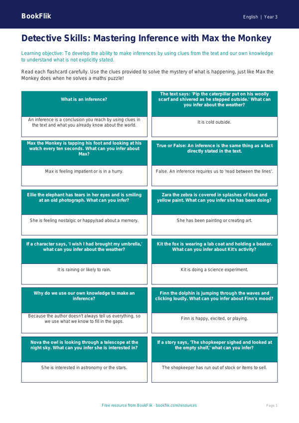 Inference Flashcards for Year 3 | Australian Curriculum English worksheet preview — English Inference