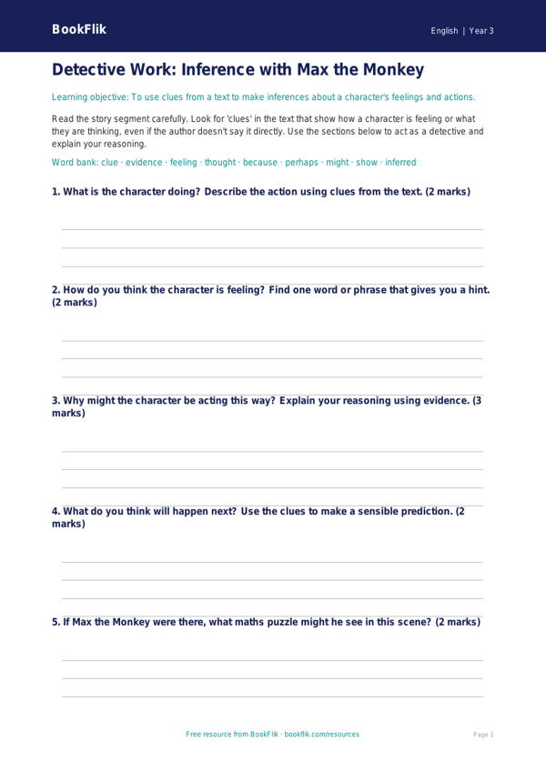 Free Inference Template | Year 3 | English | BookFlik worksheet preview — English Inference