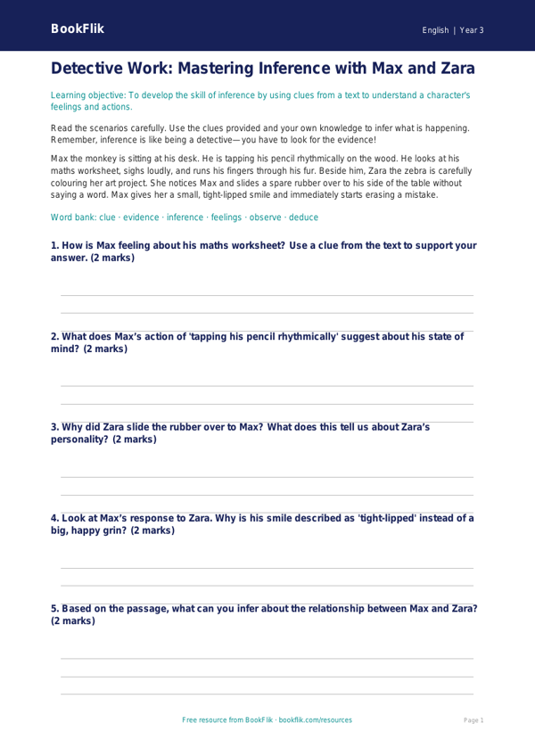 Free Inference Worksheet | Year 3 | English | BookFlik worksheet preview — English Inference