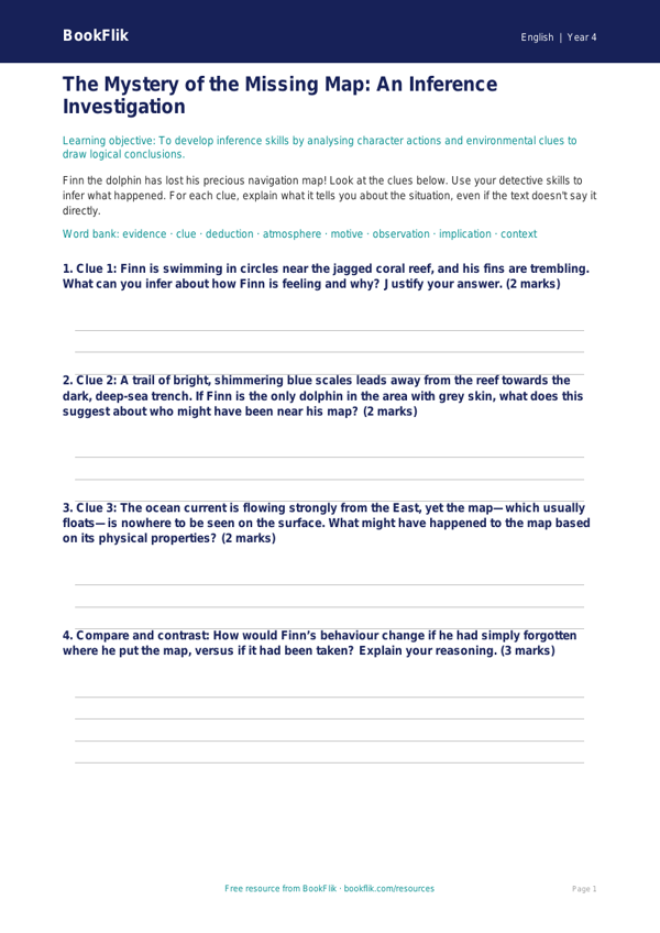 Free Inference Activity Sheet | Year 4 | English | BookFlik worksheet preview — English Inference