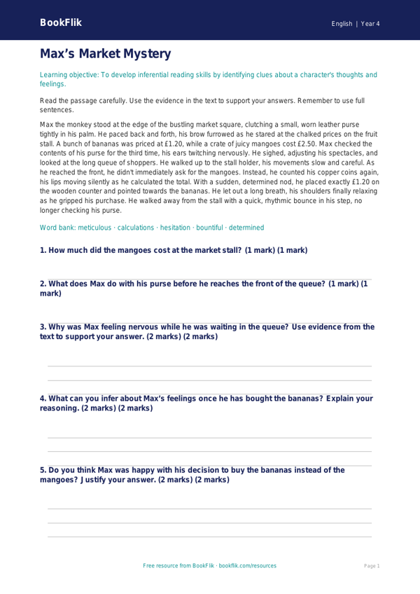 Free Inference Comprehension | Year 4 | English | BookFlik worksheet preview — English Inference
