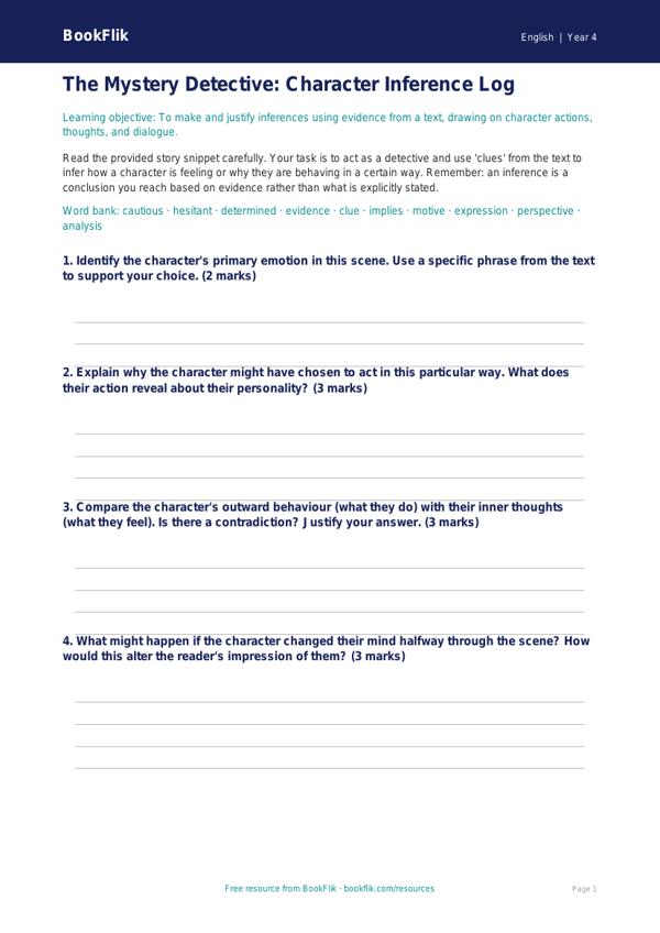 Free Inference Template | Year 4 | English | BookFlik worksheet preview — English Inference