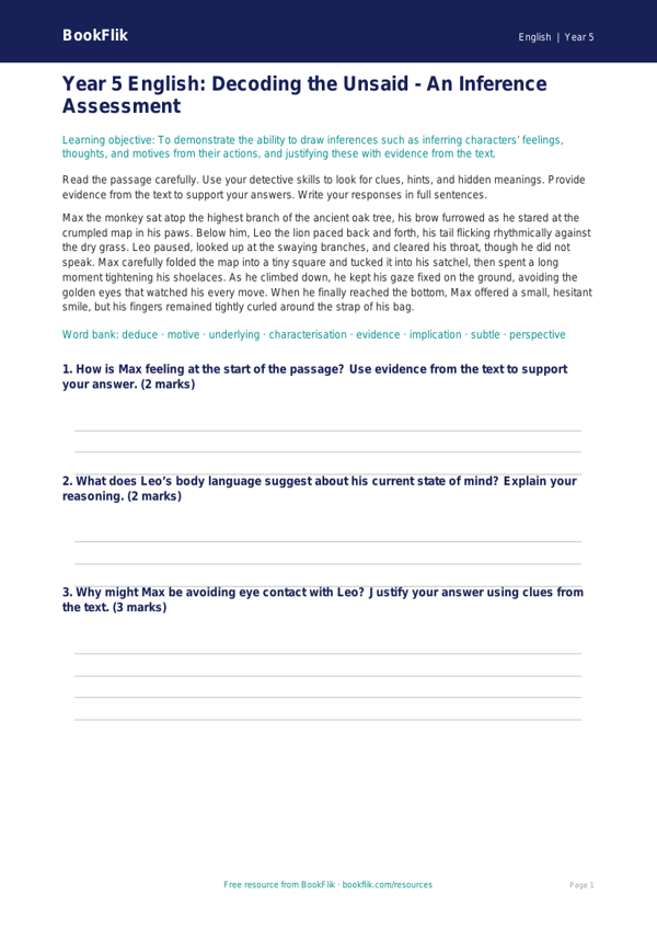 Free Inference Assessment | Year 5 | English | BookFlik worksheet preview — English Inference