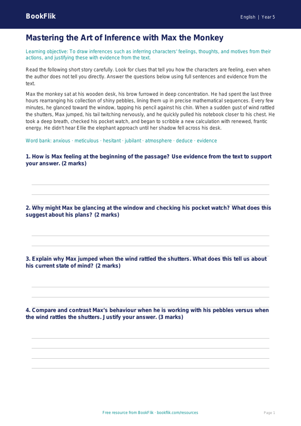 Free Inference Track Sheet | Year 5 | English | BookFlik worksheet preview — English Inference