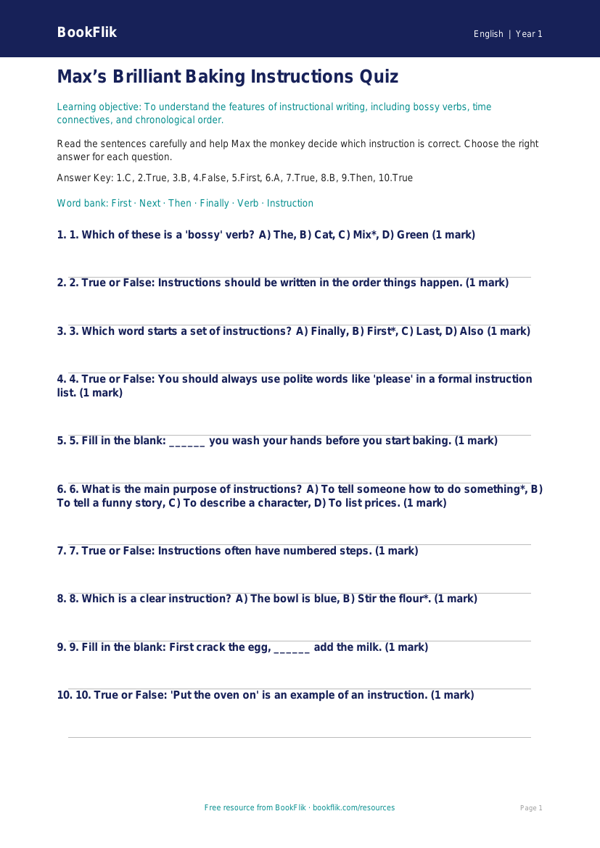 Free Instructions Quiz | Year 1 | English | BookFlik worksheet preview — English Instructions