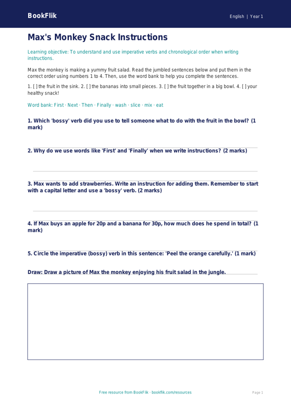 Free Instructions Worksheet | Year 1 | English | BookFlik worksheet preview — English Instructions