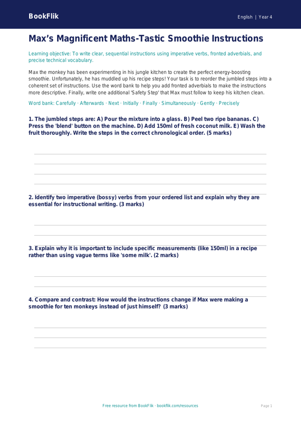 Free Instructions Activity Sheet | Year 4 | English | BookFlik worksheet preview — English Instructions