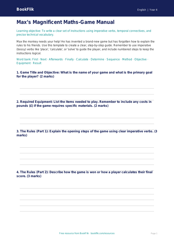 Free Instructions Template | Year 4 | English | BookFlik worksheet preview — English Instructions