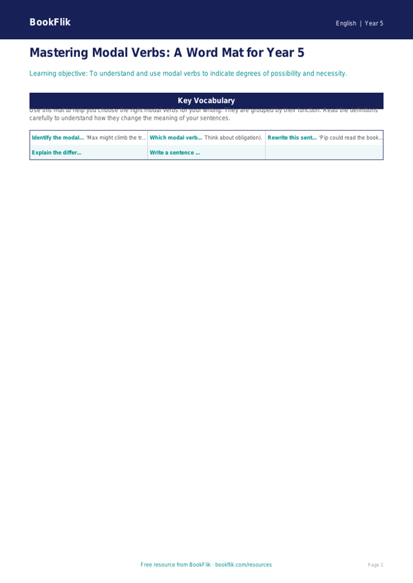 Free Modal Verbs Word Mat | Year 5 | English | BookFlik worksheet preview — English Modal Verbs
