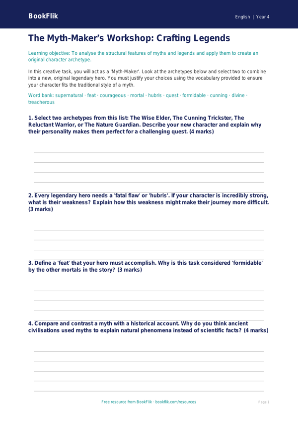 Free Myths And Legends Activity Sheet | Year 4 | English | BookFlik worksheet preview — English Myths And Legends