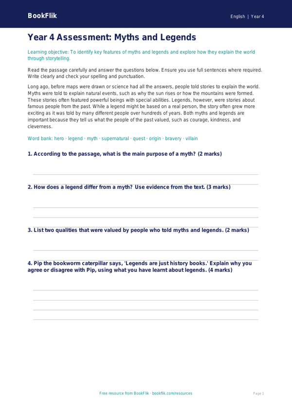 English myths and legends assessment year 4 core worksheet preview — English Myths And Legends
