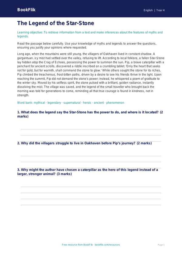 Free Myths And Legends Comprehension | Year 4 | English | BookFlik worksheet preview β English Myths And Legends