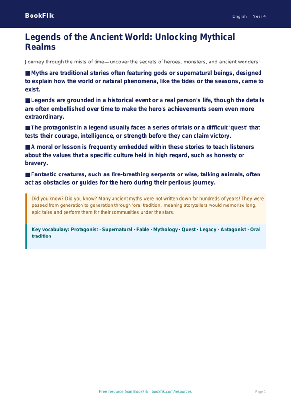 Free Myths And Legends Poster | Year 4 | English | BookFlik worksheet preview β English Myths And Legends