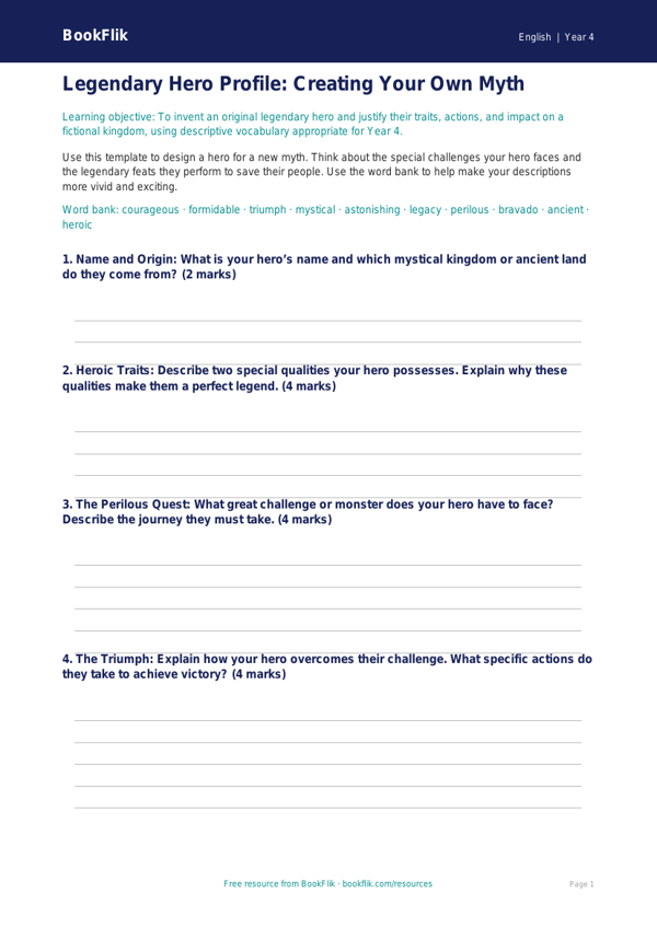 Free Myths And Legends Template | Year 4 | English | BookFlik worksheet preview — English Myths And Legends