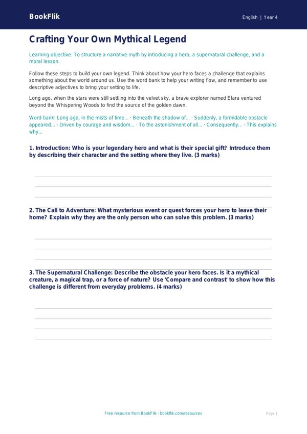 Free Myths And Legends Writing Frame | Year 4 | English | BookFlik worksheet preview — English Myths And Legends