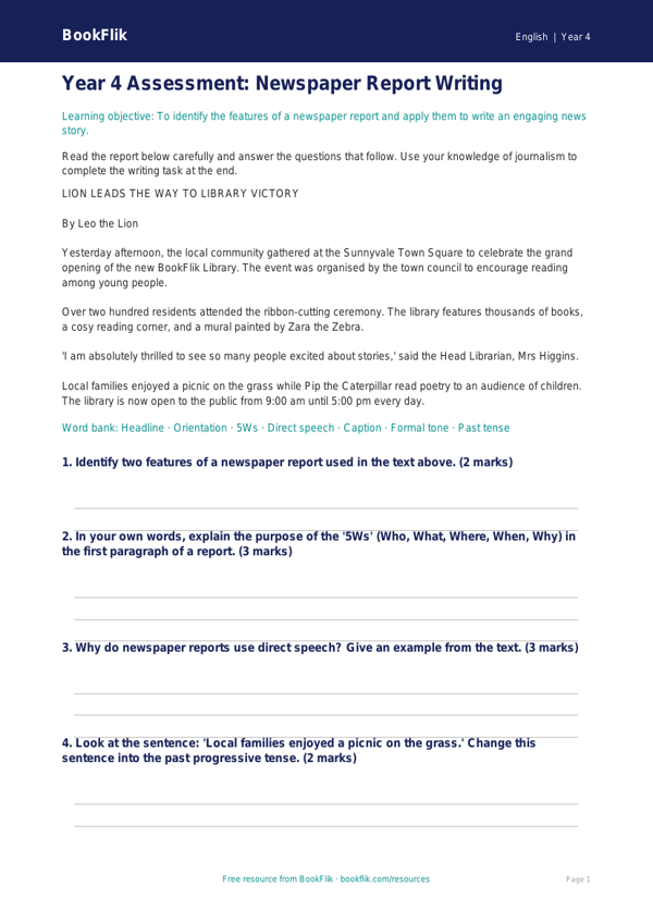 English newspaper writing assessment year 4 core worksheet preview — English Newspaper Writing