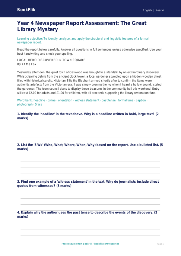 Free Newspaper Writing Assessment | Year 4 | English | BookFlik worksheet preview — English Newspaper Writing