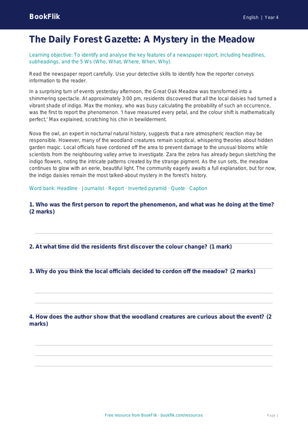 Free Newspaper Writing Comprehension | Year 4 | English | BookFlik worksheet preview — English Newspaper Writing