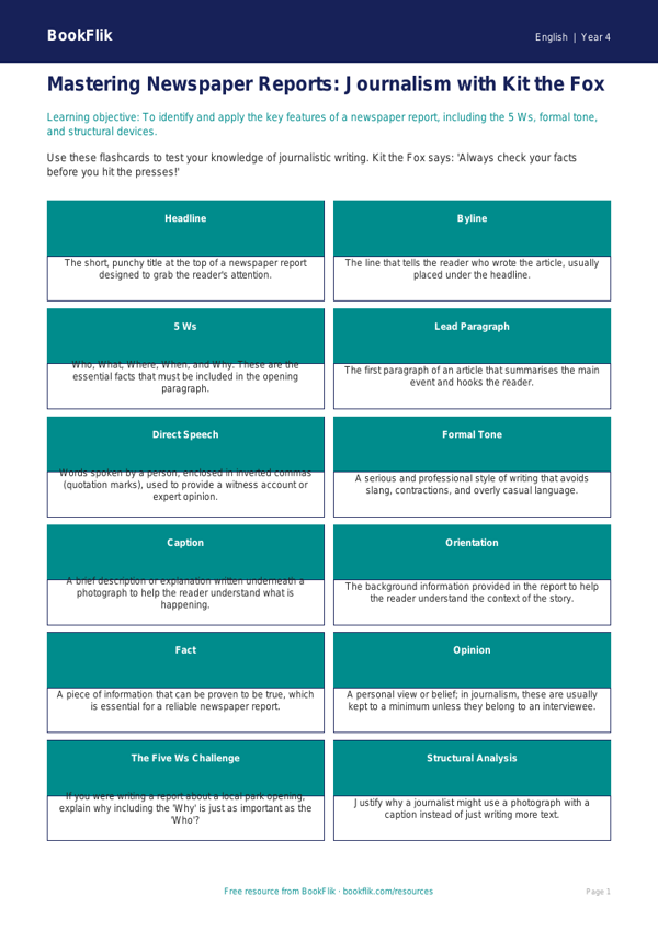 Free Newspaper Writing Flashcards | Year 4 | English | BookFlik worksheet preview โ English Newspaper Writing