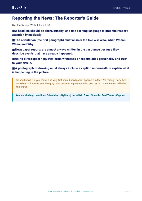 Free Newspaper Writing Poster | Year 4 | English | BookFlik worksheet preview — English Newspaper Writing